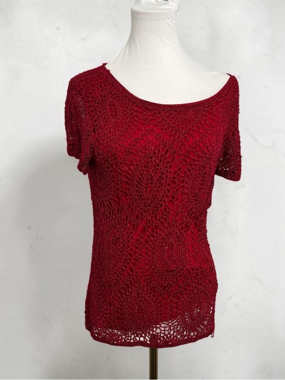 Red Crochet Glitter Top Fairy Whimsigoth Boho Sheer Knit Blouse XL